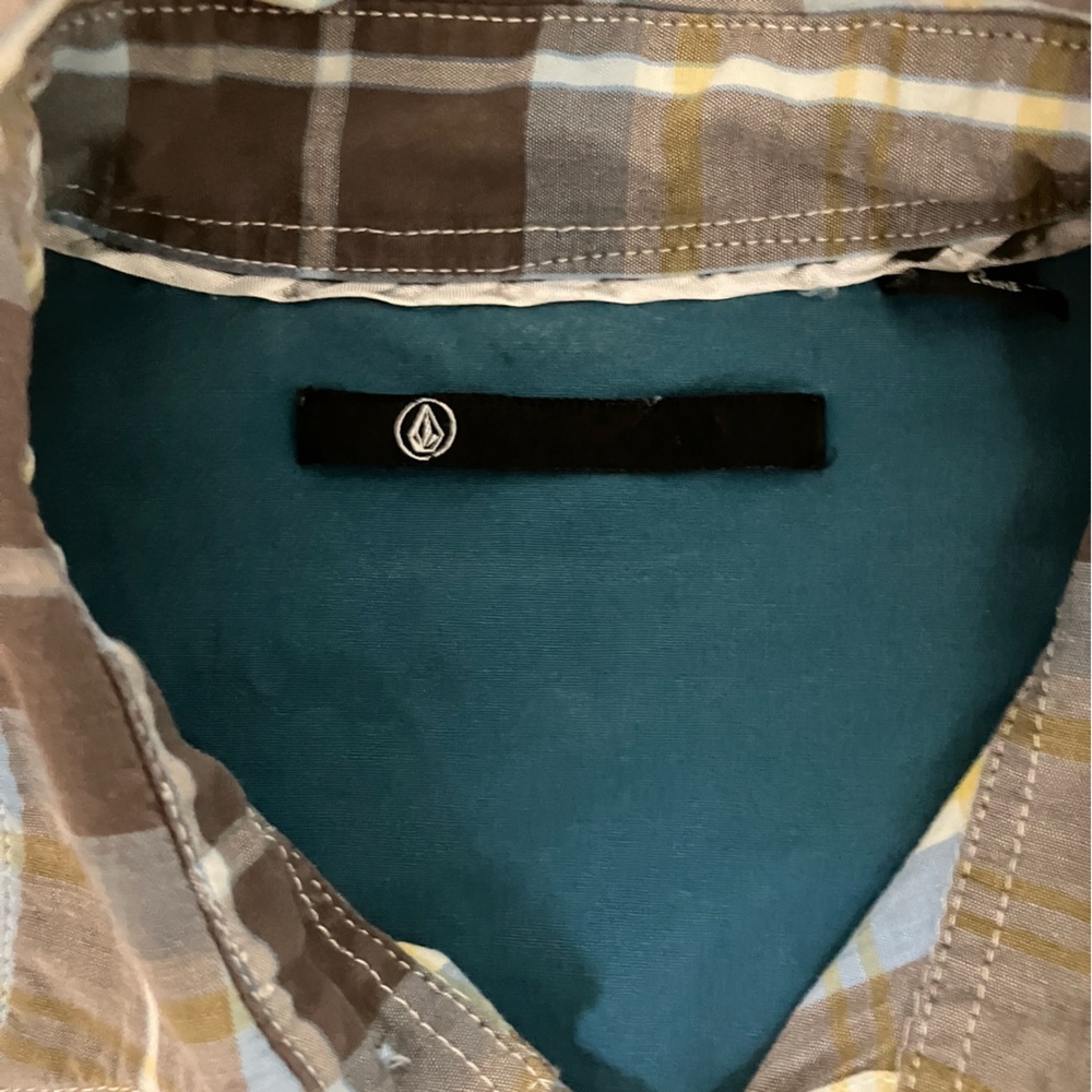 Volcom Men's Long Sleeve Button Down Plaid Shirt - Blue, Yellow, Brown and White - Picture 3 of 10